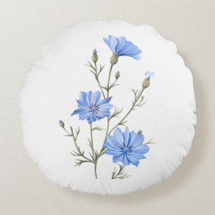 Wild Chicory Flower Botanical Watercolor Art Round Pillow