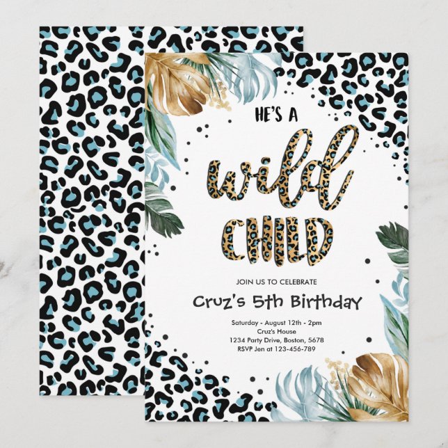 Wild Child Blue Boy Leopard Print Jungle Party Invitation (Front/Back)