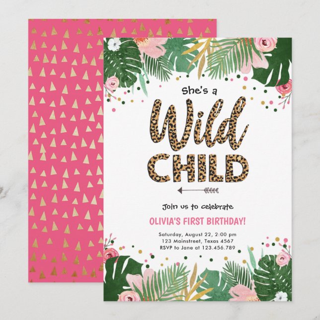 Wild Child Safari Leopard Girl Invitation d'annive (Devant / Derrière)