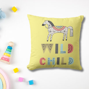 Wild Child Scandinavian Horse Baby Yellow Throw Pillow