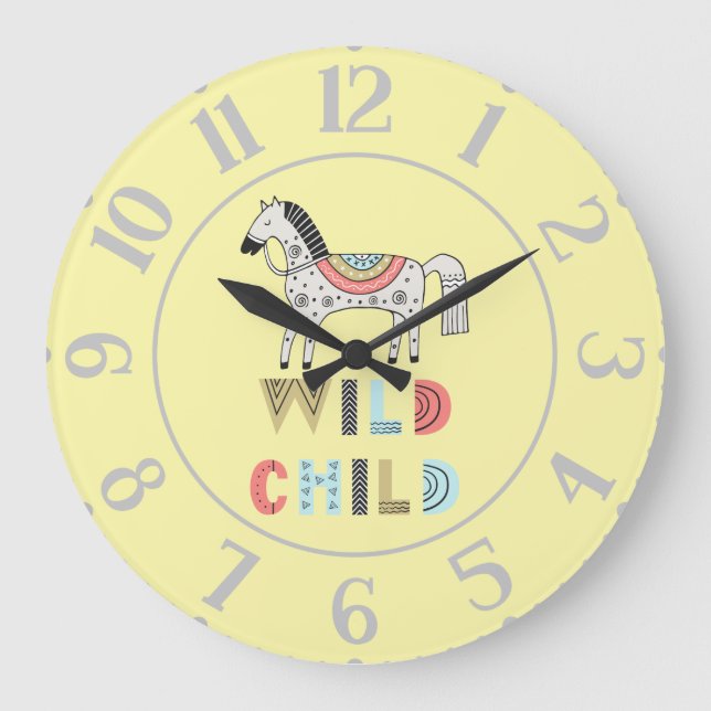 Wild Child Scandinavian Horse Pastel Yellow   Large Clock (Front)