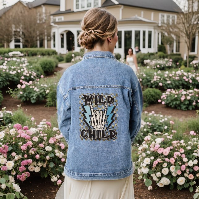 Wild Child Typography Camouflage Chequerboard Denim Jacket (Wedding Back)