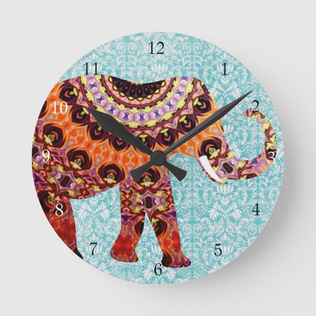 Wild Colourful Boho Elephant Pattern Round Clock (Front)