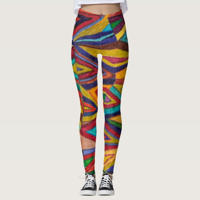 wild colourful, original art, geometric design leggings (Front)
