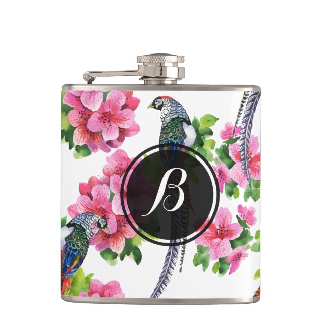 Wild Colourful Pheasant Birds & Flowers Pattern Hip Flask (Front)