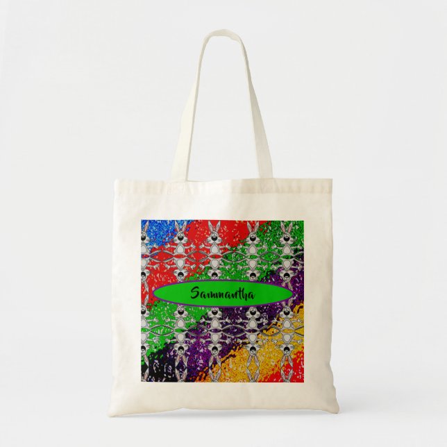 Wild Colourful Rabbit Pattern Custom Add Your Name Tote Bag (Front)