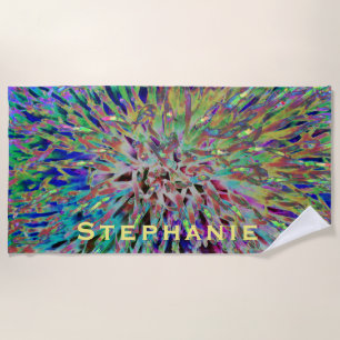 Wild Colours Purple Blue Abstract with Yellow Name Beach Towel