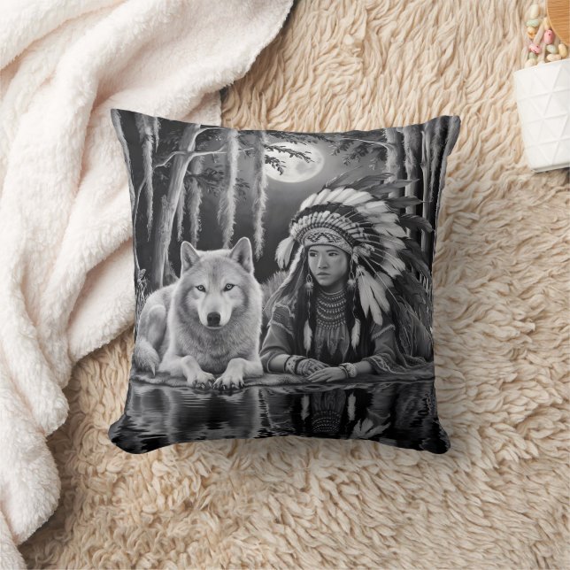 Wild Connection: Wolf and Girl Throw Pillow (Blanket)
