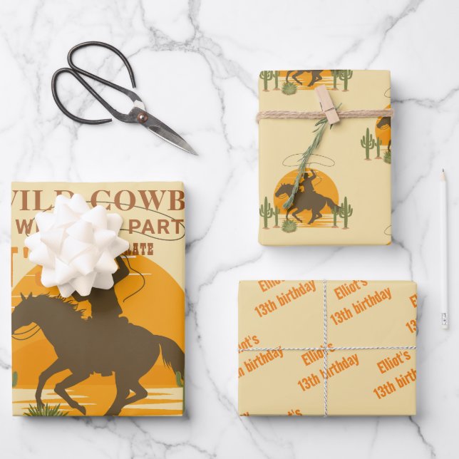 Wild cowboy western birthday wrapping paper sheet (Front)