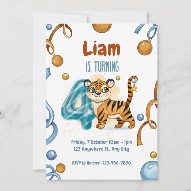 Wild & Cute Tiger 4th Birthday Invitation (Front)