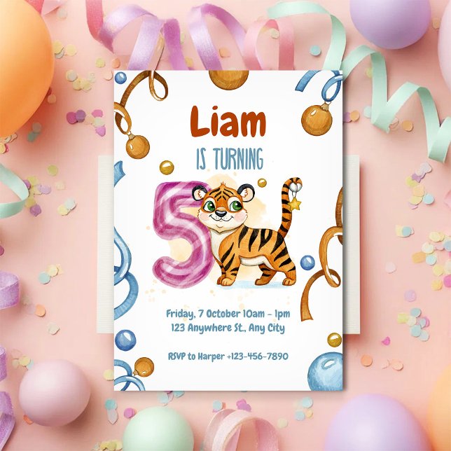 Wild & Cute Tiger 5th Birthday Invitation (Creator Uploaded)