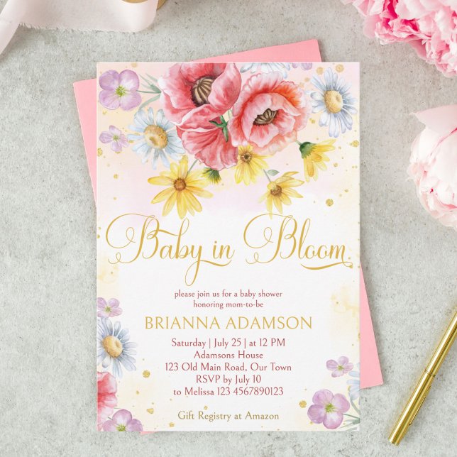 Wild daisy poppy baby in bloom baby shower templat invitation (Creator Uploaded)
