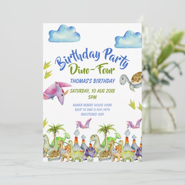 wild dino-four birthday invitation (Standing Front)
