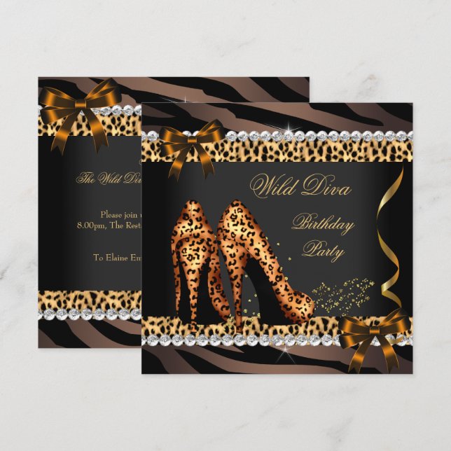 Wild Diva Leopard Zebra High Heels Birthday Party Invitation (Front/Back)