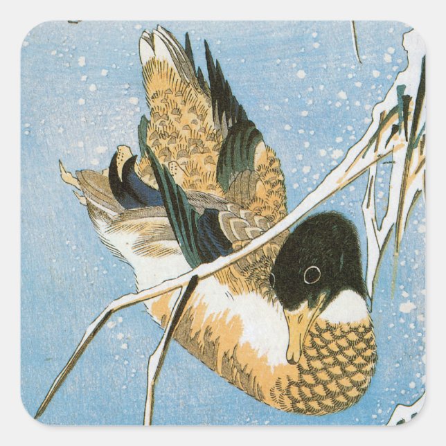Wild Duck Swimming Snow Laden Reeds by Hiroshige Square Sticker (Front)