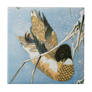 Wild Duck Swimming Snow Laden Reeds by Hiroshige Tile