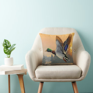 Wild Duck Take Off At Lake Sunset Throw Pillow