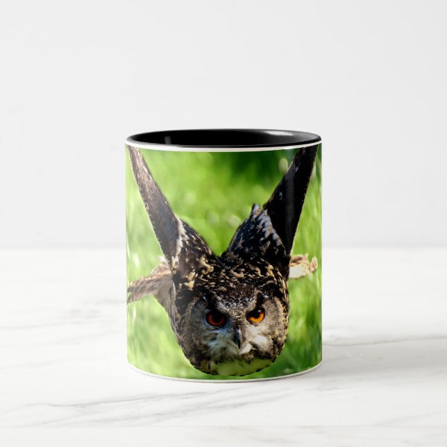 Wild Eagle Owl in Full Flight Two-Tone Coffee Mug (Center)