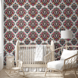 Wild Elegance: Lion & Blooming Vines Wallpaper