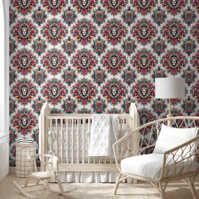 Wild Elegance: Lion & Blooming Vines Wallpaper (Kids)