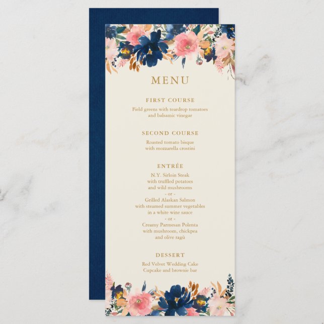 Wild Elegance | Navy Blush & Gold Floral Menu (Front/Back)