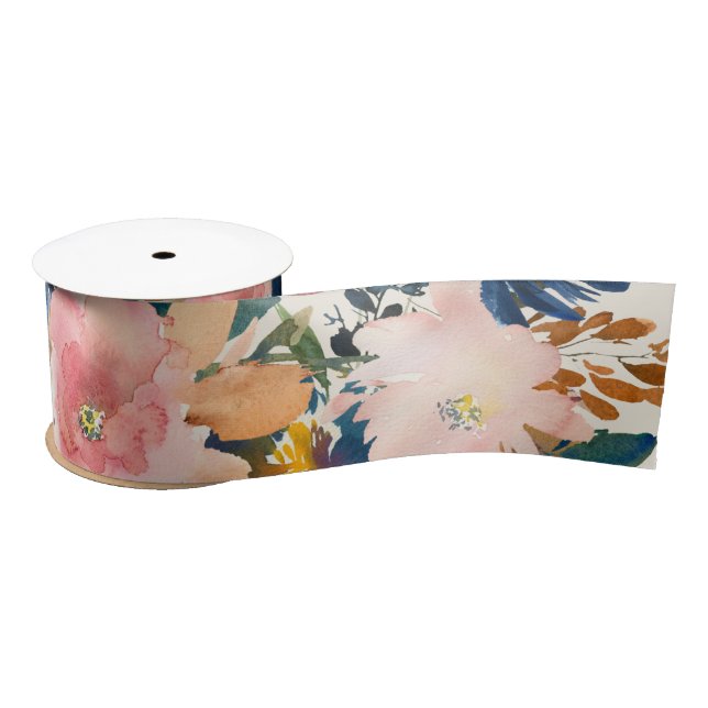 Wild Elegance | Navy Blush & Gold Floral Satin Ribbon (Spool)