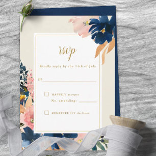 Wild Elegance   Navy Blush & Gold Wedding RSVP Car Card