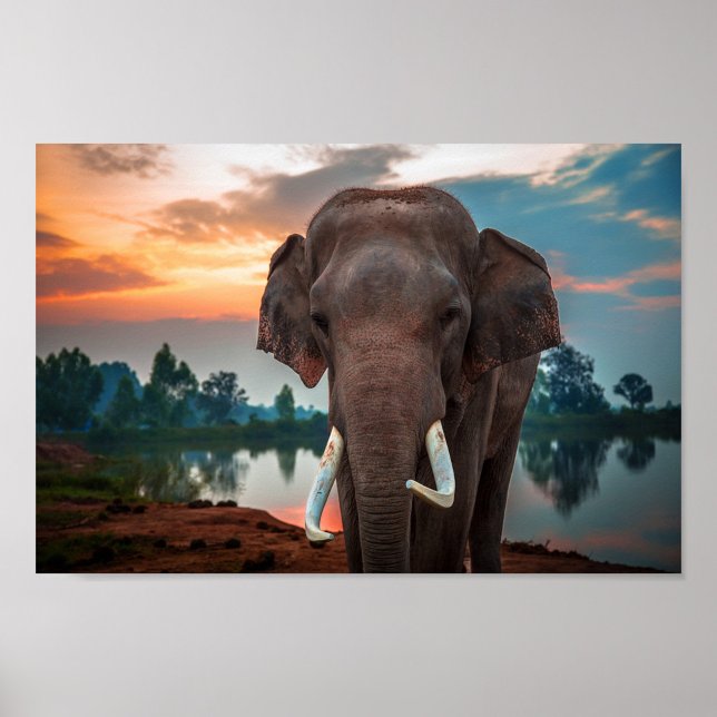 Wild Elephant Poster (A close-up shot of an elephant with large tusks standing near a body of water.)