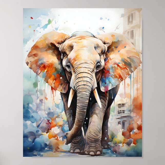 Wild Elephant Unique Watercolor Animal Art Poster (Front)