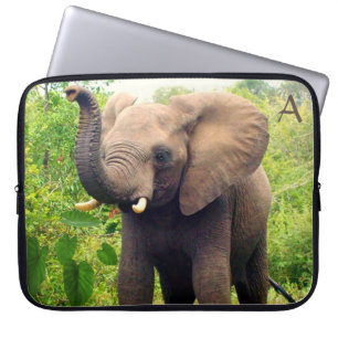 Wild elephant with tropical plants & monogram laptop sleeve