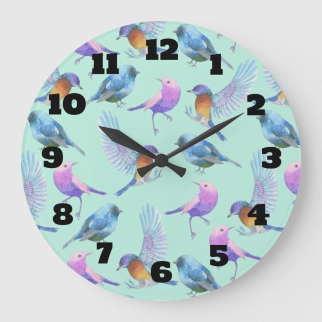 Wild Exotic Birds Colourful Watercolor Pattern Large Clock (Front)