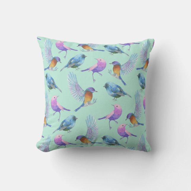 Wild Exotic Birds Colourful Watercolor Pattern Throw Pillow (Front)