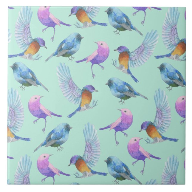 Wild Exotic Birds Colourful Watercolor Pattern Tile (Front)