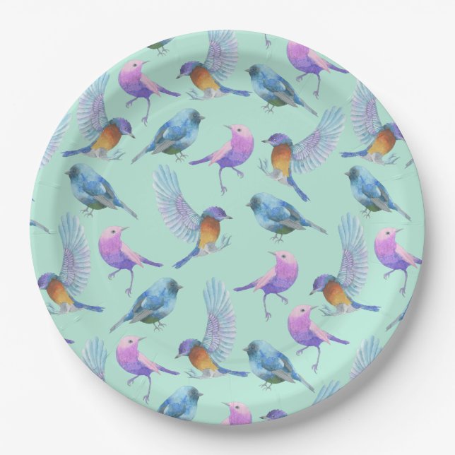 Wild Exotic Birds Watercolor Pattern Paper Plate (Front)