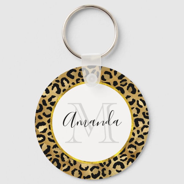 Wild & Exotic Leopard Print Pattern Monogram Keychain (Front)