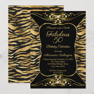 Wild Fabulous 50 Birthday Party Black Gold Tiger Invitation