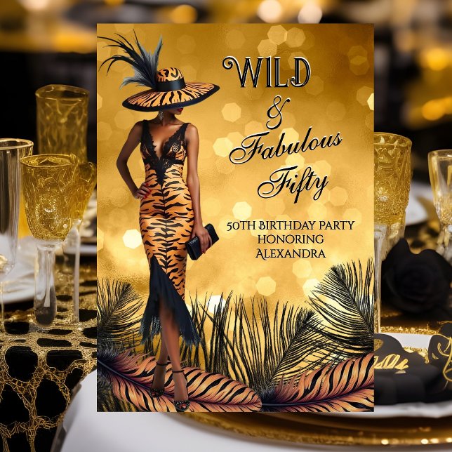 Wild Fabulous Fifty Birthday Tiger Woman Gold Invitation (Creator Uploaded)