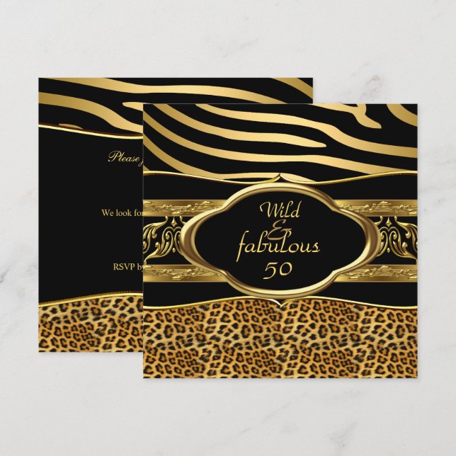 Wild Fabulous Zebra Leopard Black Gold Birthday 3 Invitation (Front/Back)