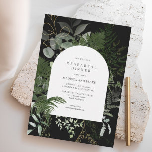 Wild Fern Greenery Black Wedding Rehearsal Dinner Invitation