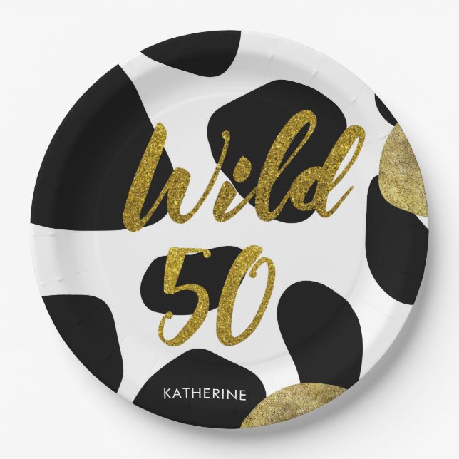 Wild Fifty Gold Animal Pattern Monogram Paper Plate (Front)