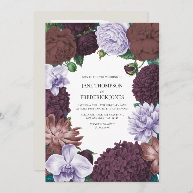 Wild Fig, Cocoa Rose & Soft Lavender Wedding Invitation (Front/Back)