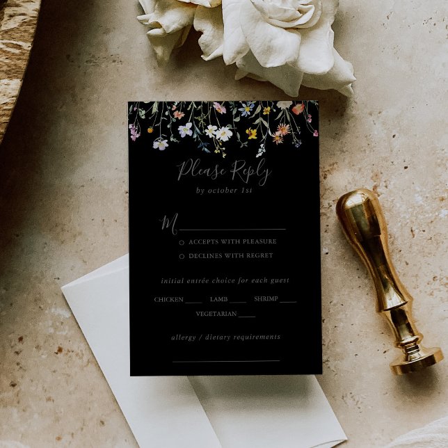 Wild Floral Black Wedding Menu Choice RSVP (Creator Uploaded)