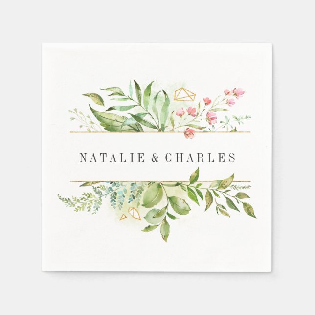 Wild Floral Green Foliage Personalized Wedding Napkin (Front)