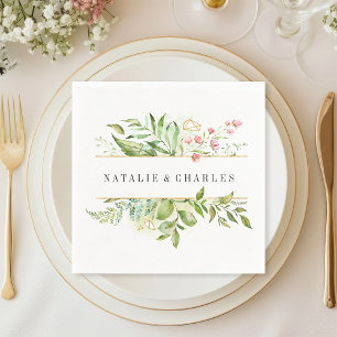 Wild Floral Green Foliage Personalized Wedding Napkin