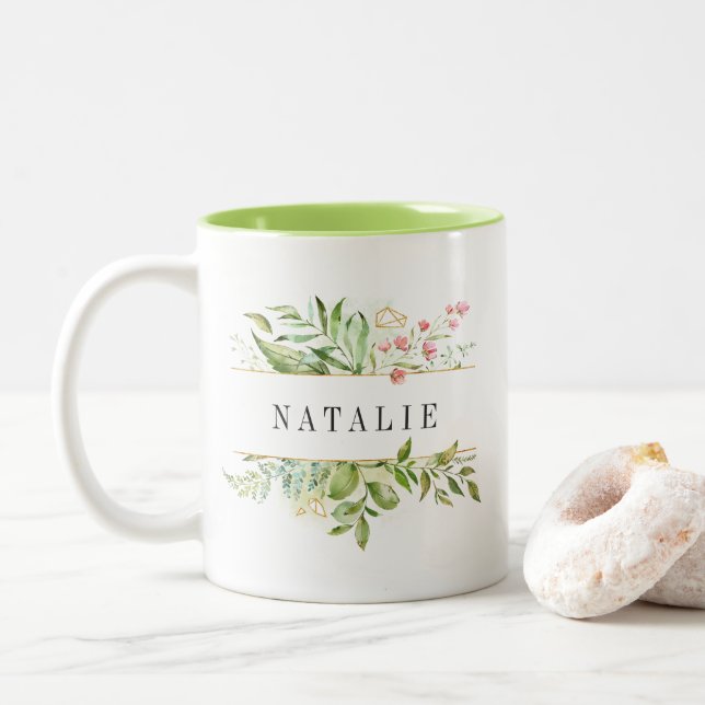 Wild Floral Green Foliage Watercolor Personalized Two-Tone Coffee Mug (With Donut)