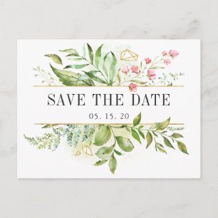 Wild Floral Green Foliage Watercolor Save the Date Announcement Postcard