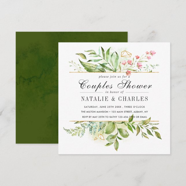 Wild Floral Green Foliage Wedding Couples Shower Invitation (Front/Back)