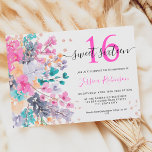 Wild floral watercolor glitter Sweet 16 photo Invitation<br><div class="desc">A soft girly romantic Sweet 16 birthday party invitation, elegant and modern hand painted spring and summer invitation with beautiful pink, , teal, lavender purple colours and a modern elegant script font with rose gold glitter confetti, this is perfect for elegant girly party., add your 3 photo at the back...</div>