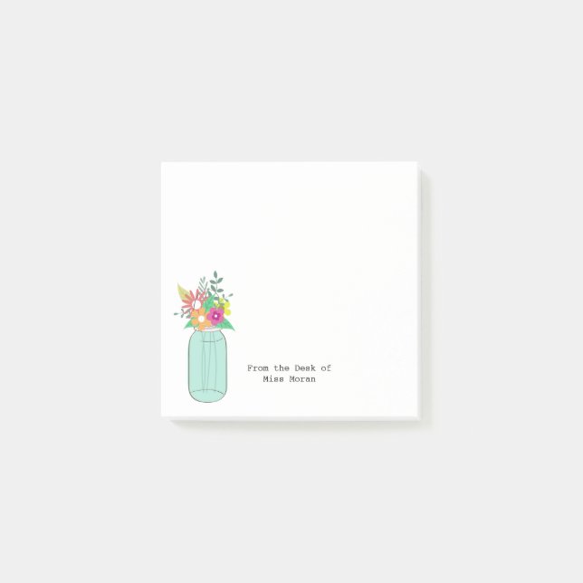 Wild Flower Bouquet Mason Jar Monogram Teacher Post-it Notes (Front)