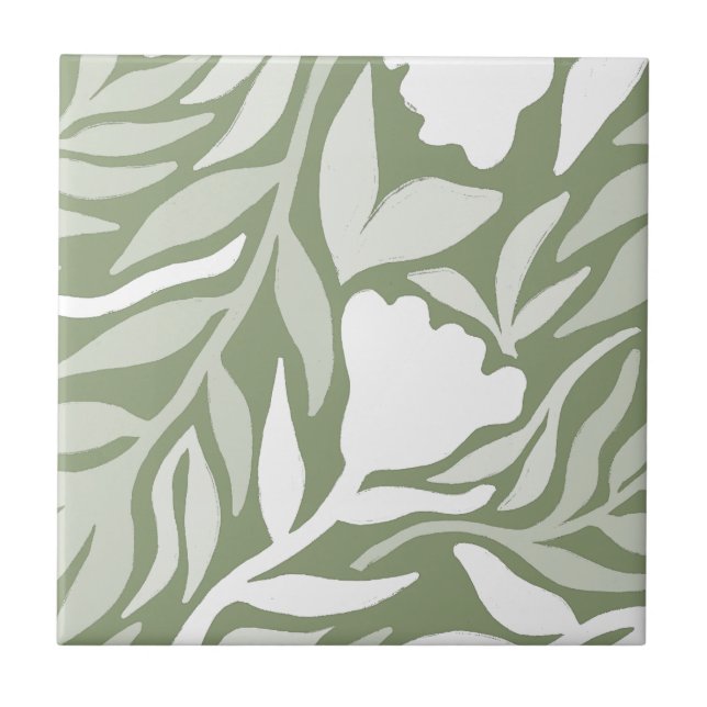 Wild Flower Cascade White & Moss Green HD Tile (Front)